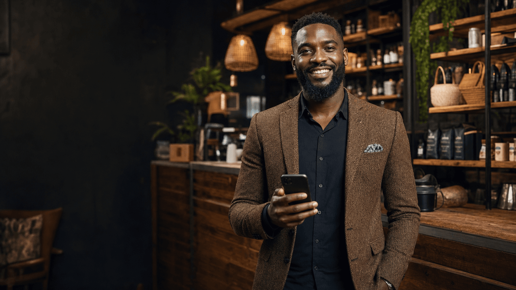 A business owner holding his phone